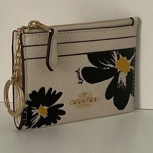 Coach Mini Skinny ID Card Case Wallet Keychain Floral Chalk Pebble Leather NWT
